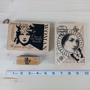 3 Wood Mounted Rubber Stamps Paris Passport Travel Lady Girl Power Paint Brush